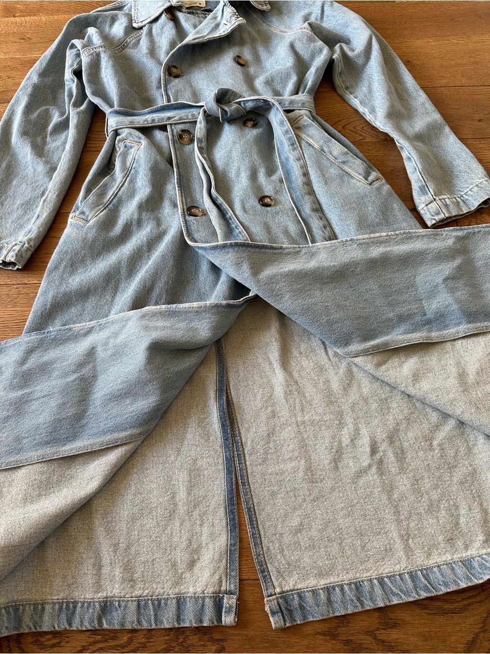 Zara Denim Long Trench Coat Sz S 100% Cotton - Picture 10 of 12